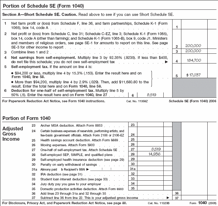 Portion of Form 1040 and Portion of Schedule SE