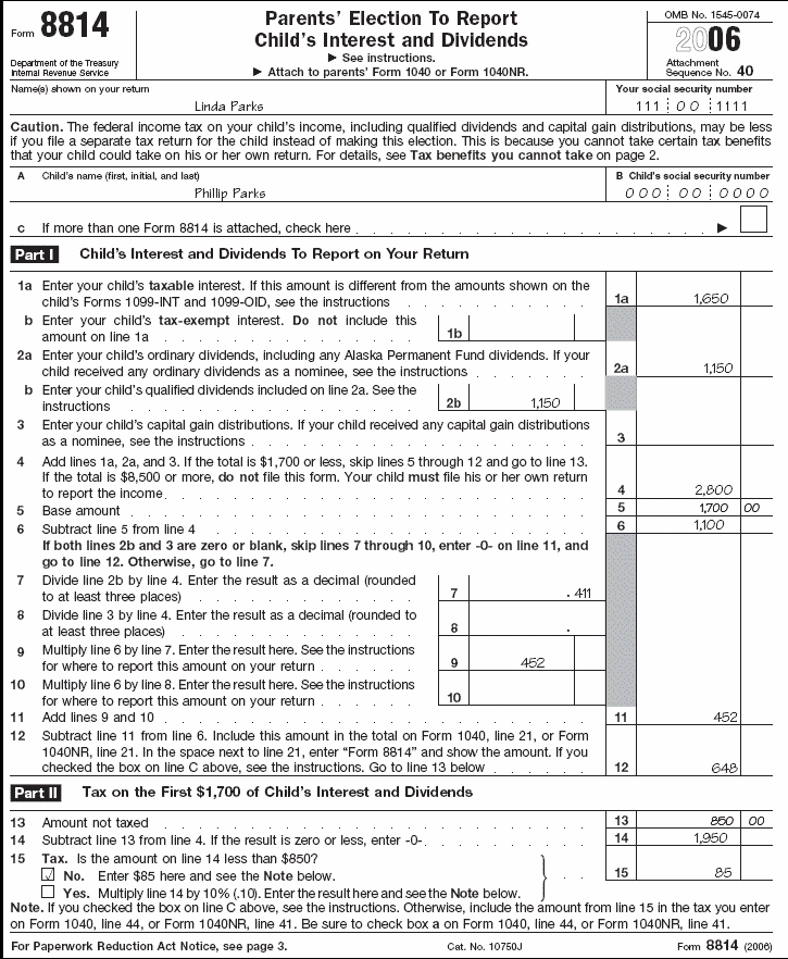 Filled-in Form 8814 for Linda Parks Form: 8814