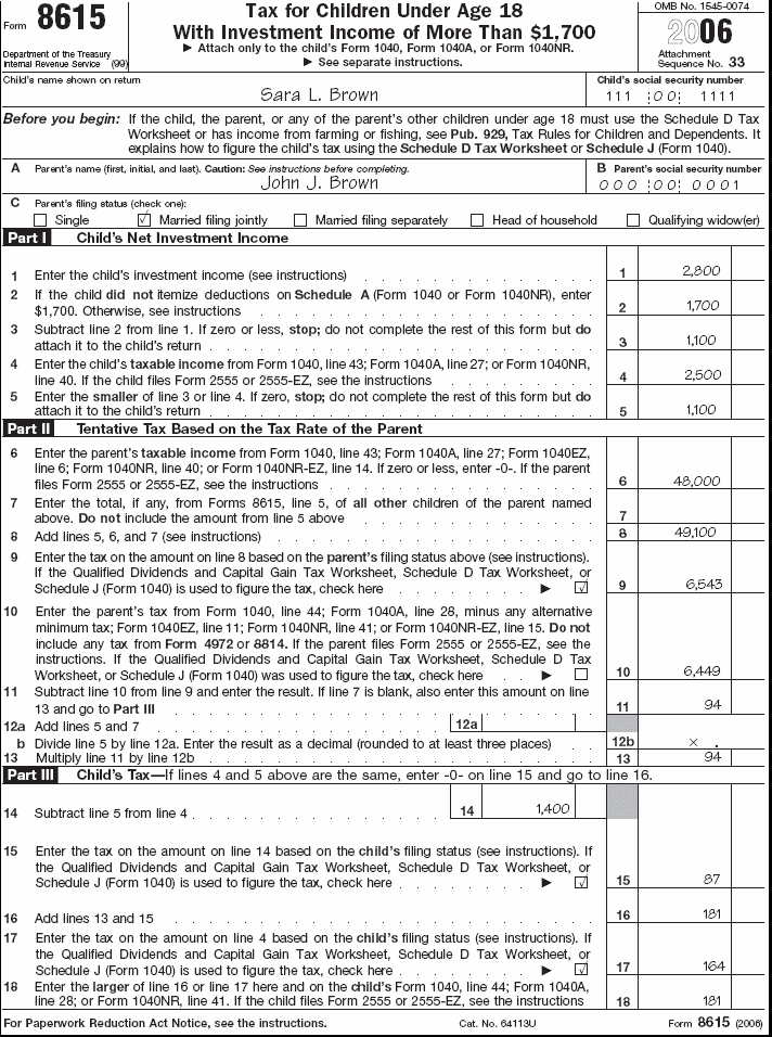 Form 8615 for Sara L. Brown