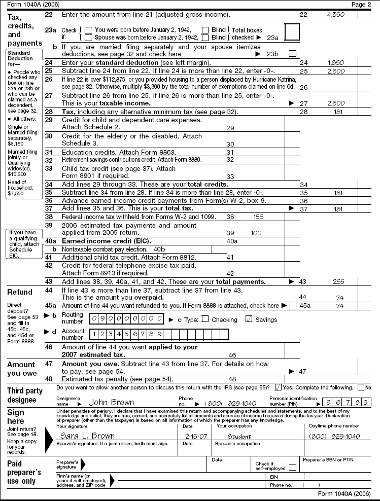 Form 1040A, page 2, for Sara L. Brown