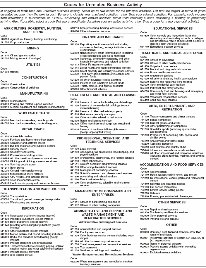 Codes for Unrelated Business Activity