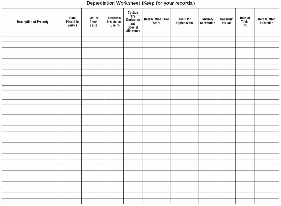 Blank Depreciation Worksheet (Turned sideways)