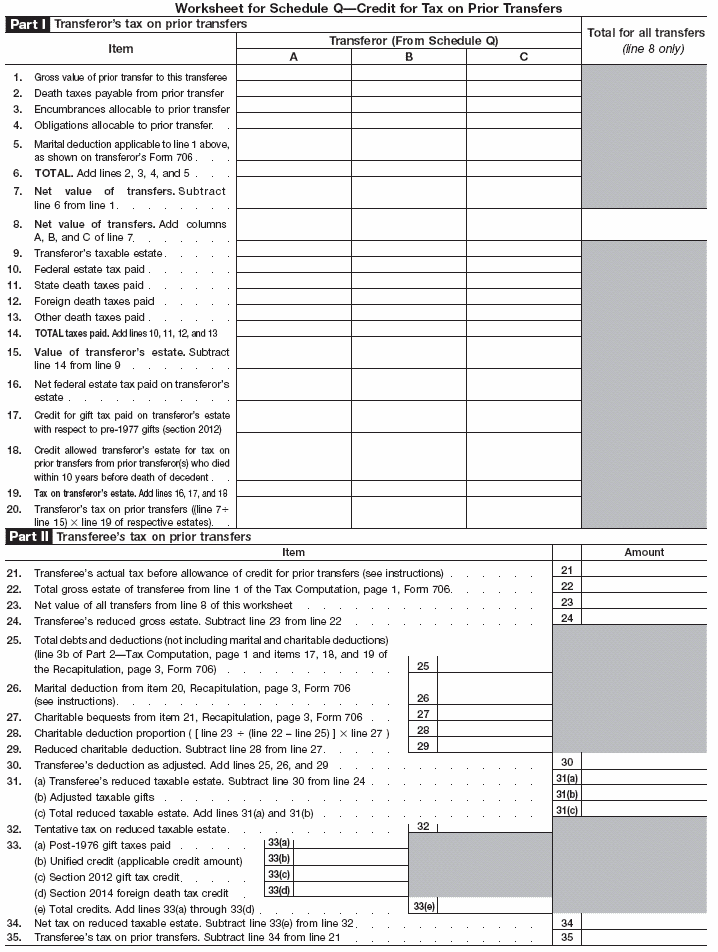 Worksheet for Schedule Q