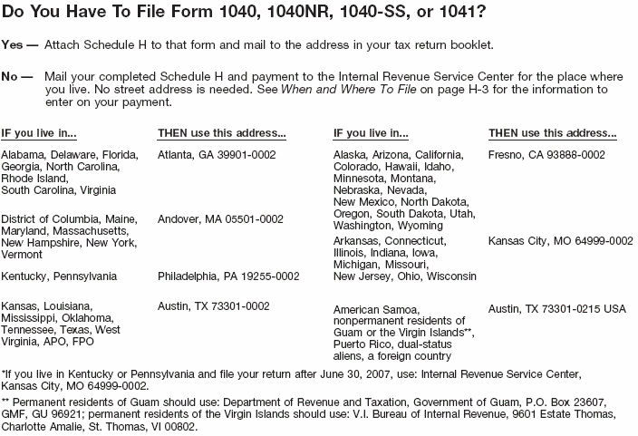 Schedule H Filing Addresses