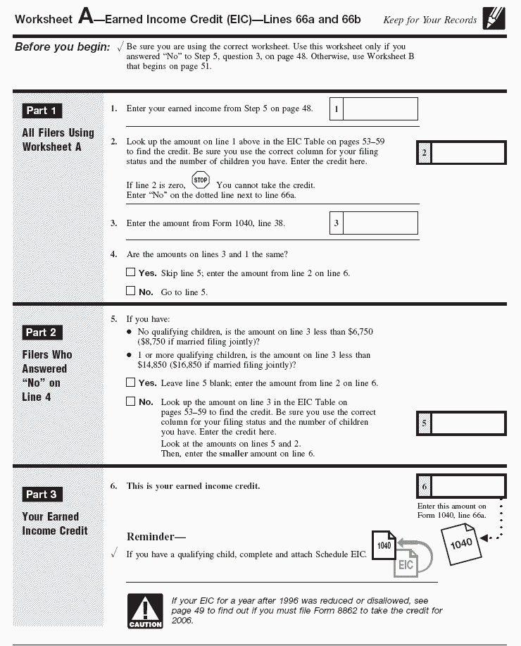 Woksheet A-Earned Income Credit (EIC) 