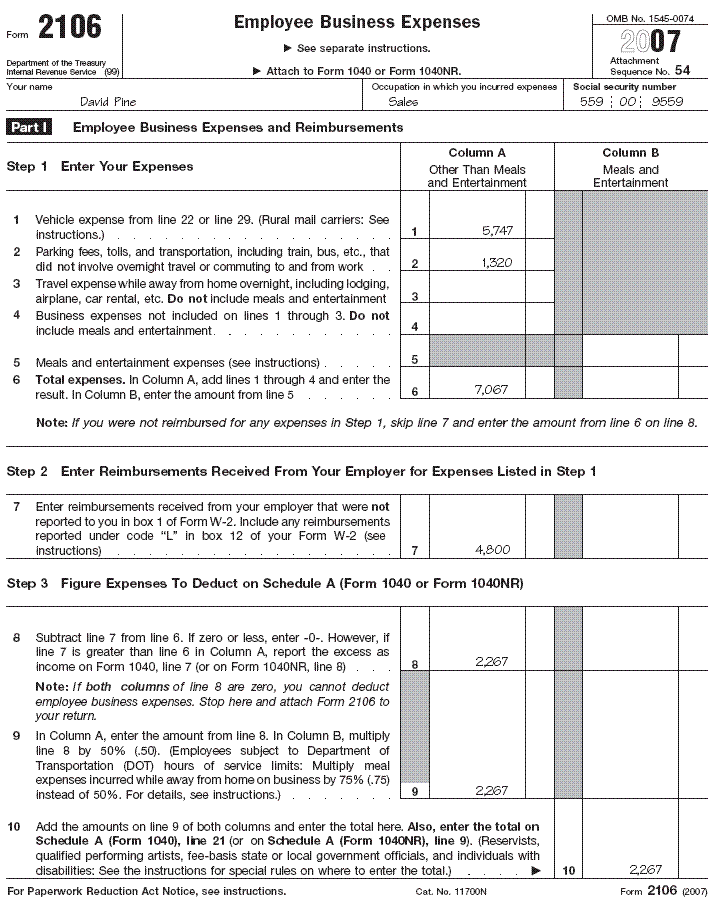 Form 2106, Page 1, for David Pine