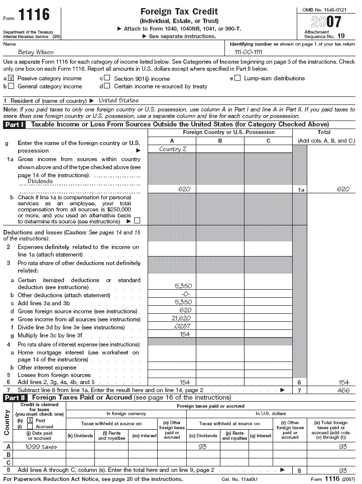 Form 1116, page 1 for Betsy Wilson 