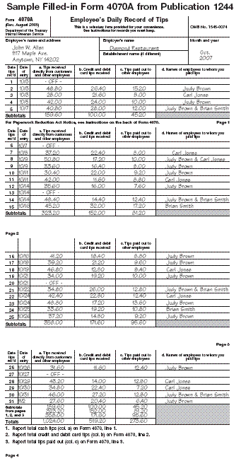 Sample Filled-in Form 4070A from Publication 1244