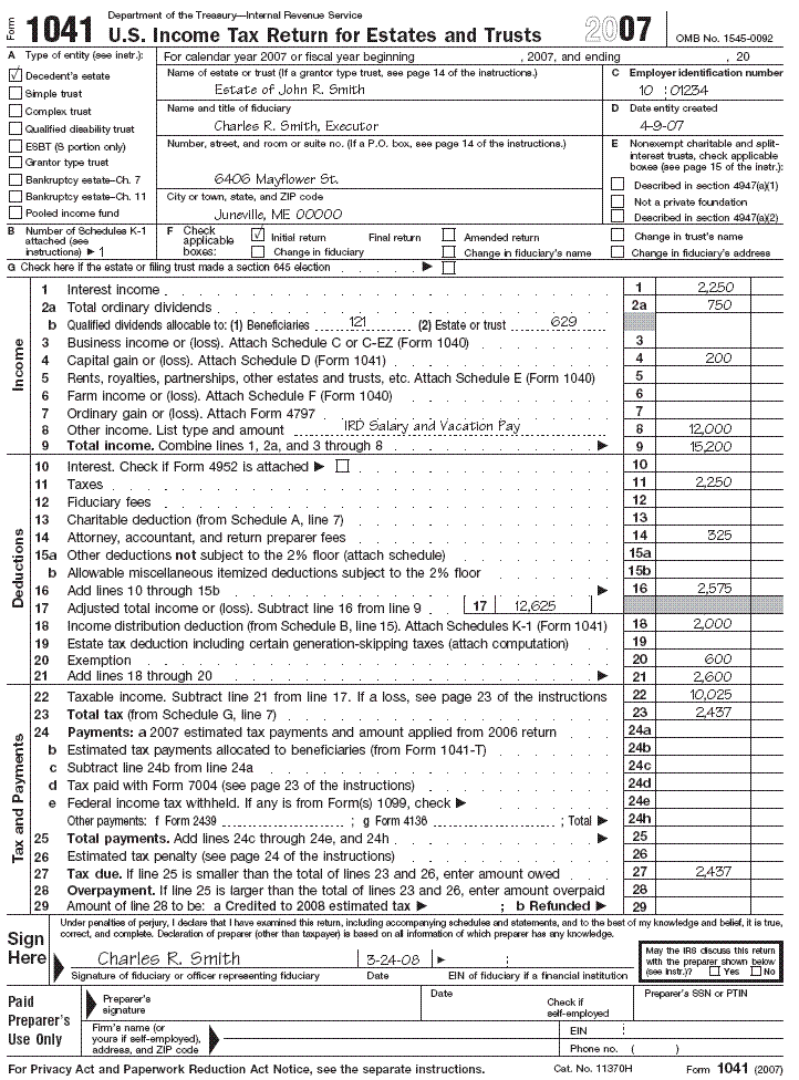 Form 1041 for the estate of John R. Smith