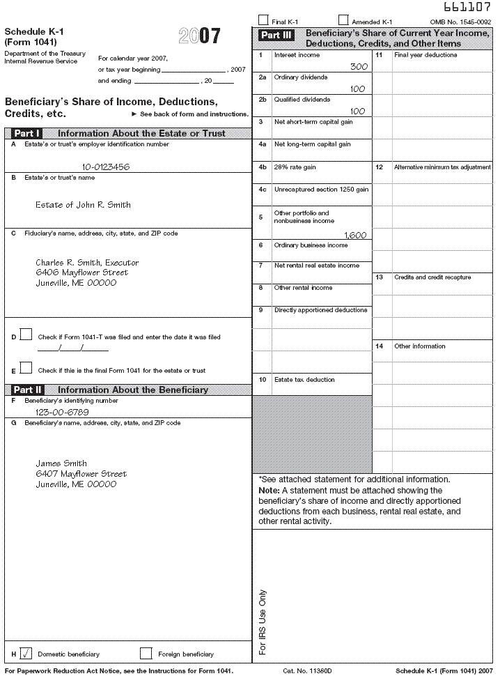 Schedule K-1 (Form 1041) for the estate of John R. Smith