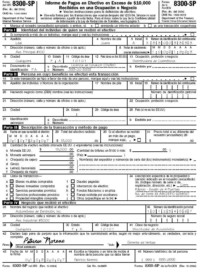  Filled-In Form 8300-SP