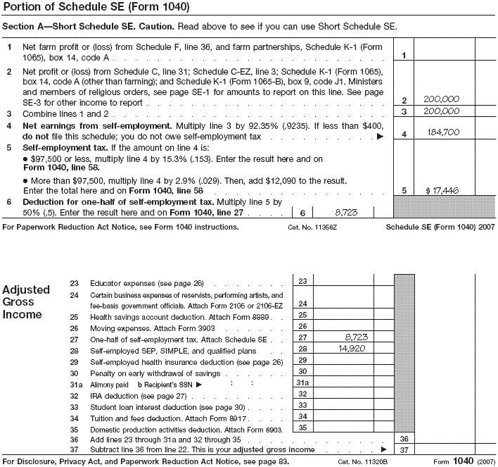 Portion of Form 1040 and Portion of Schedule SE