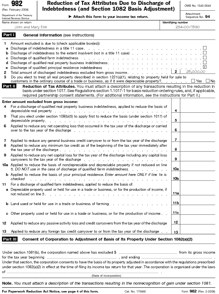 Form 982 Reduction of Tax Attributes Due to Discharge of Indebtedness (and Section 1082 Basis Adjustment)
