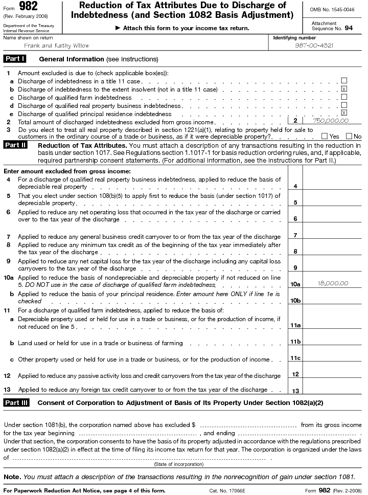 Form 982, Reduction of Tax Attributes Due to Discharge of Indebtedness (and Section 1082 Basis Adjustment)